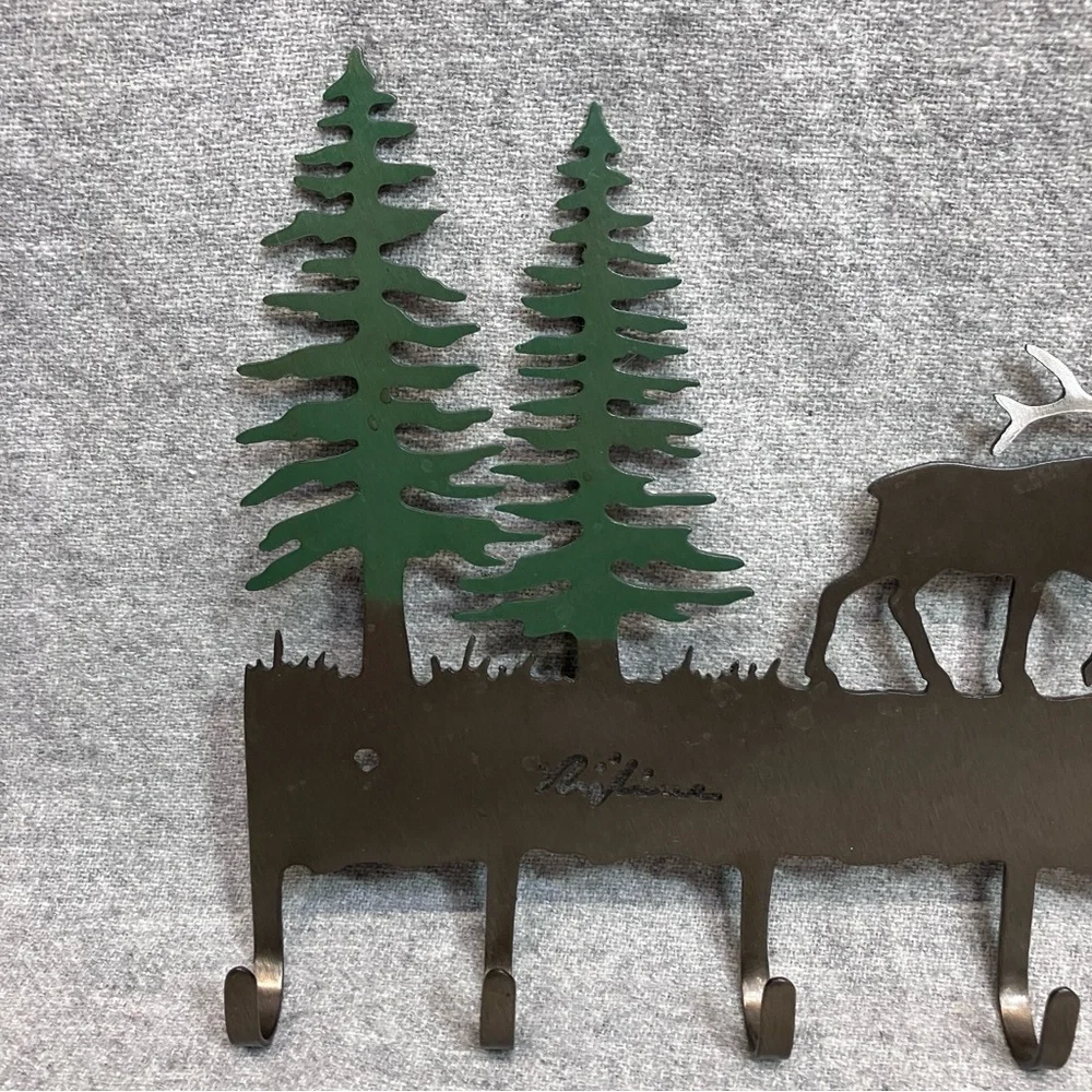 Elk Deer Woodland Metal Art Hanging Coat Hooks Hat Rack Key Holder Signed Cabin